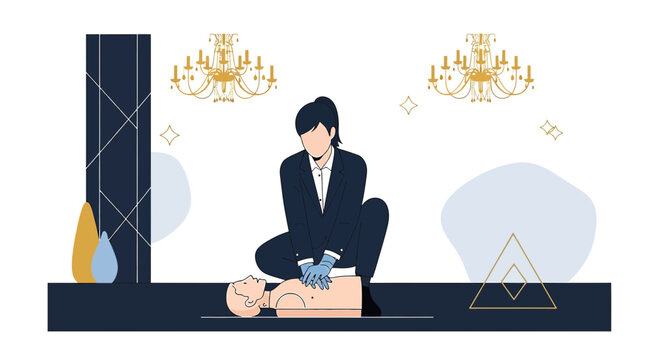Medical Professional Performs CPR on Mannequin in Elegant Setting
