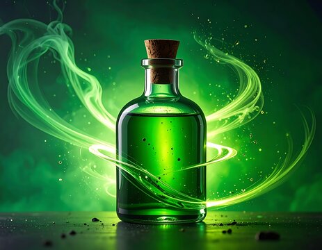A green glass bottle with a cork stopper on a dark surface surrounded by swirling green smoke