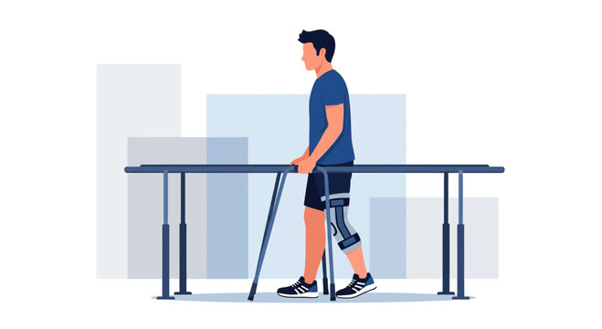 Man with knee brace and crutches walking on parallel bars in physical therapy