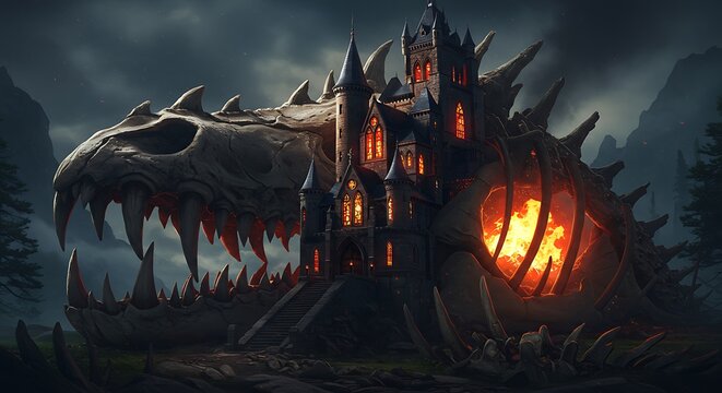 Ilustra&ccedil;&atilde;o de um castelo de drag&atilde;o fant&aacute;stico, representando arquitetura e mitologia.