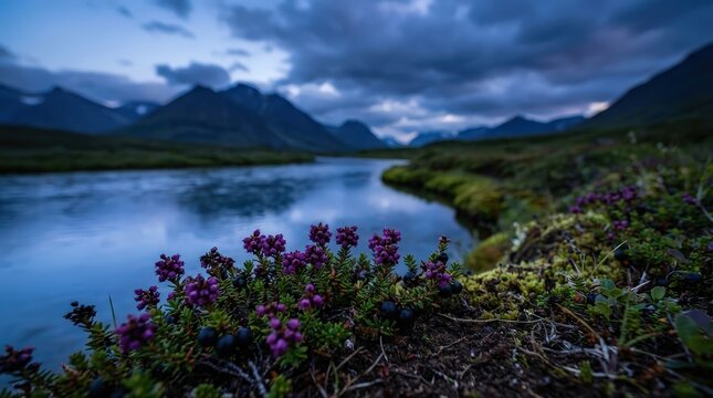 dusk alpine crowberry purple flowers mountain lake landscape