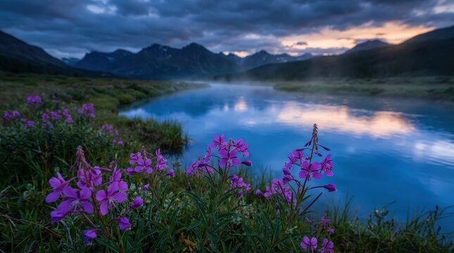 vibrant purple alpine willowherb flowers blooming by serene mountain lake at sunset with misty peaks