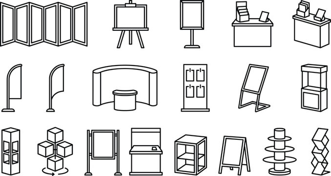 Black and white display stand icons including booths, panels, easels, counters, banners, and shelving for trade shows