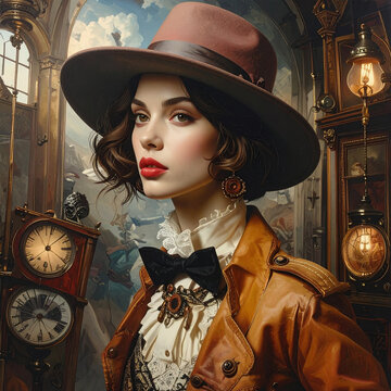 Retrato steampunk de mulher com chap&eacute;u marrom