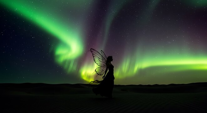 Silhueta de fada sob a aurora boreal, imagens fant&aacute;sticas e c&eacute;u noturno.