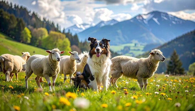A dog herding sheep in a picturesque mountain meadow