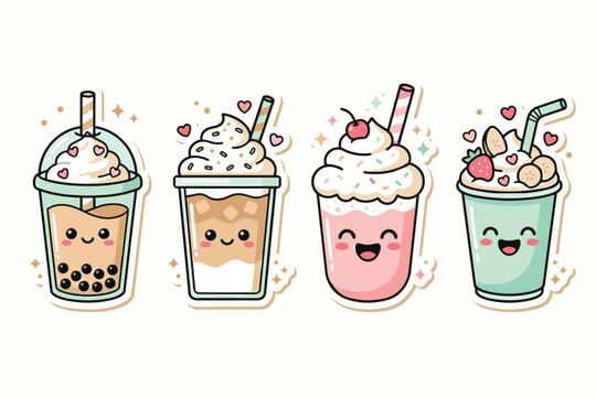 Cute Drink Sticker Pack Kawaii Flat Vector