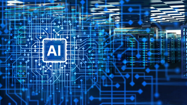 Artificial intelligence, Data center infrastructure. AI processor icon overlays server racks, symbolizing machine learning, data processing and digital computing