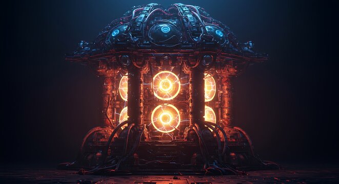 Estrutura futurista iluminada com orbes brilhantes e detalhes mec&acirc;nicos complexos.