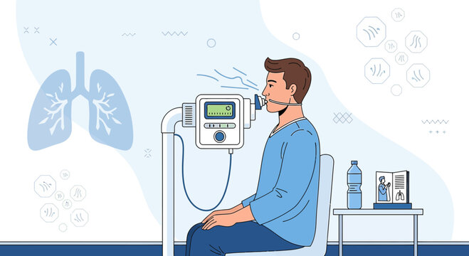 Man undergoing pulmonary function test with spirometer for lung health checkup