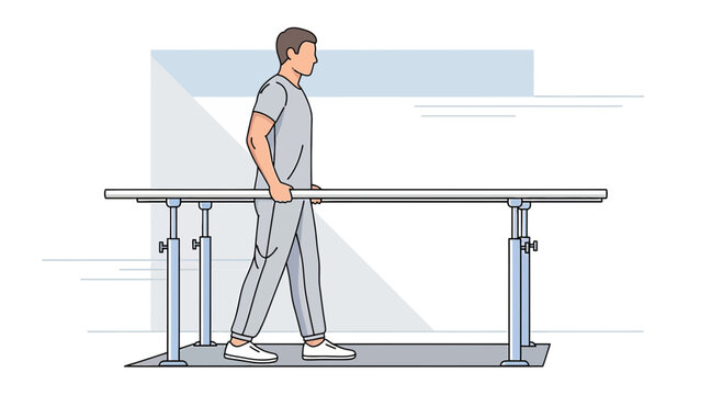 Man walking on parallel bars for physical therapy and rehabilitation