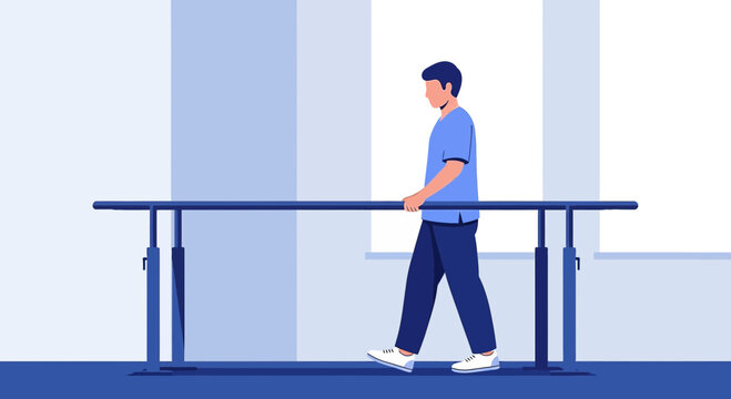 Man walking on parallel bars for physical therapy and rehabilitation