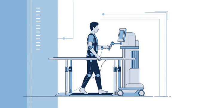 Man Walking on Treadmill with Robotic Exoskeleton for Rehabilitation and Physical Therapy