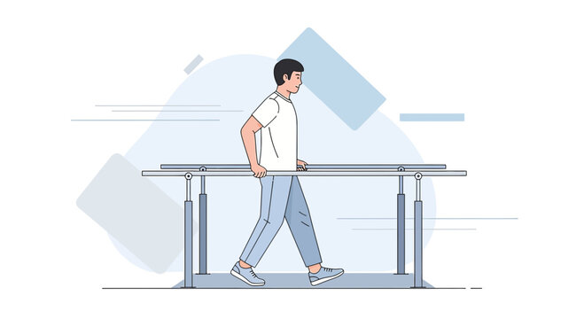 Man walking with parallel bars, physical therapy, rehabilitation, recovery, medical, exercise, health