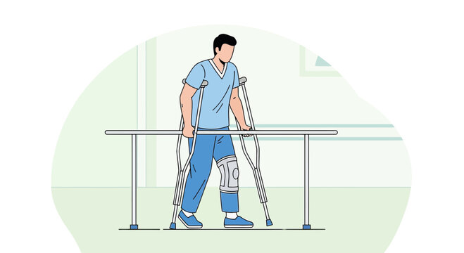Man with crutches and knee brace walking with parallel bars in physical therapy