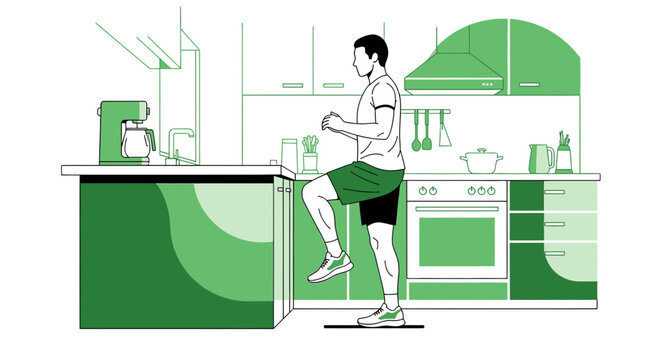 Man doing knee raises in a kitchen, home workout, fitness, healthy lifestyle