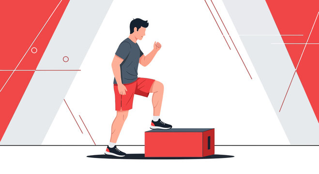 Man Doing Step-Up Exercise on Red Box for Fitness and Workout