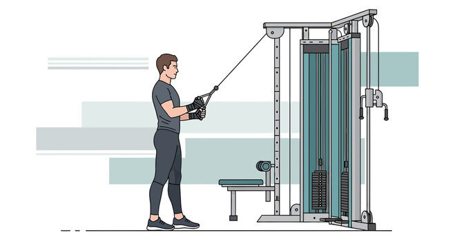 Man doing triceps pushdown exercise on a cable machine in a gym