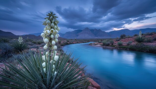 Yucca baccata plant with white flowers by serene desert river at dusk