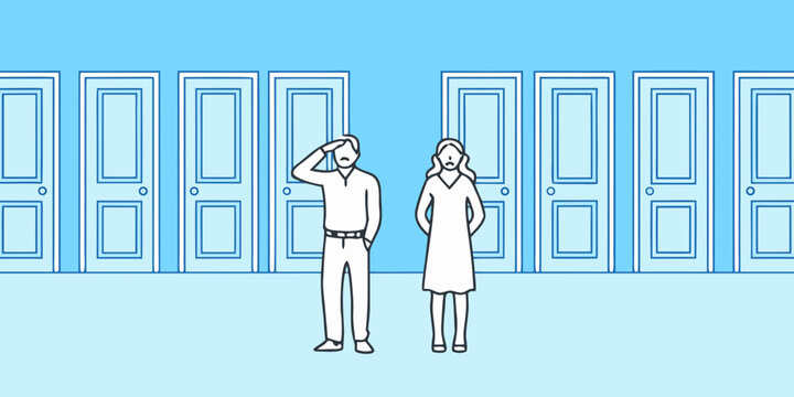 couple facing multiple doors minimalist vector illustration
