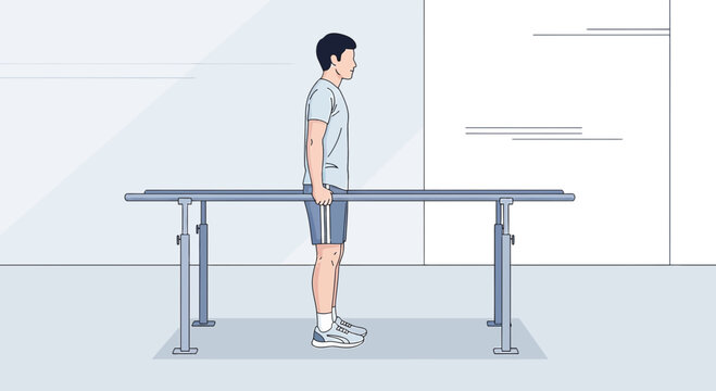 Man Exercising in Parallel Bars for Physical Therapy and Rehabilitation
