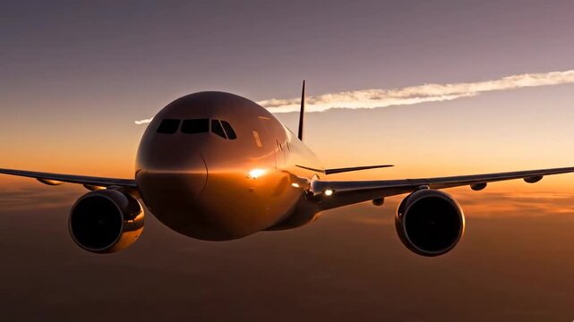 Passenger plane flying at sunset over sunset clouds going on vacation. Scenic view of sunset sky while plane flies through it