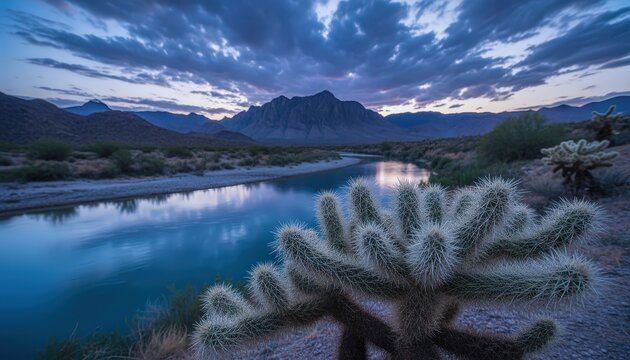 serene desert landscape with diamond cholla cactus and river at dusk