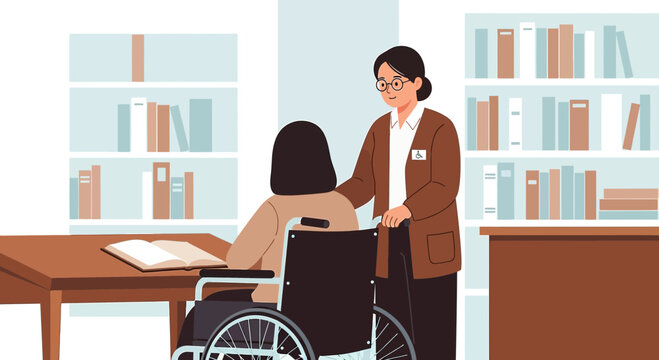 Librarian Assists Woman in Wheelchair, Accessing Books on Shelves