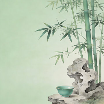 Bamboo stalks with green leaves, scholar's rock, and celadon tea bowl on pale green background