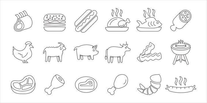 meat icon set bundle. meat, beff, steak, pork, grill, bbq, meal, food and more. simple flat line vector