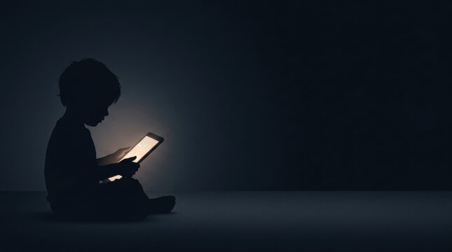 A child sits quietly on the floor, focused on a tablet screen, surrounded by darkness in the evening.