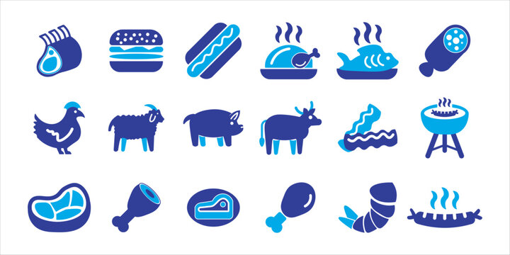 meat icon set bundle. meat, beff, steak, pork, grill, bbq, meal, food and more. simple flat colored vector