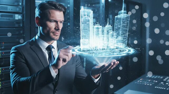 Businessman holds holographic city with building projection in datacenter. Man presents holographic city on hand. Businessman shows digital building model. Virtual city projection display.