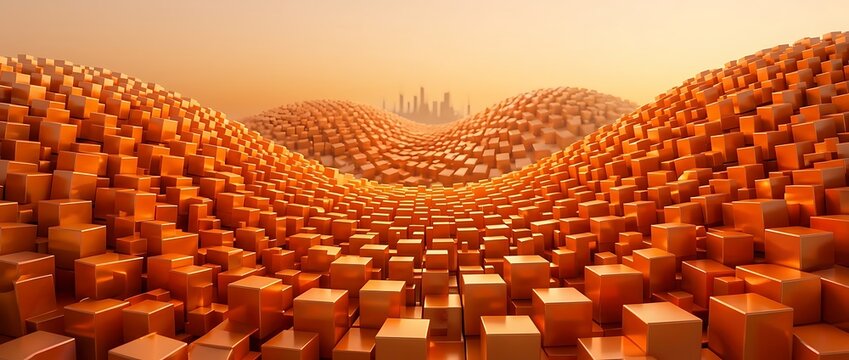 Abstract 3D landscape of orange cubes creating undulating waves under a warm sky.