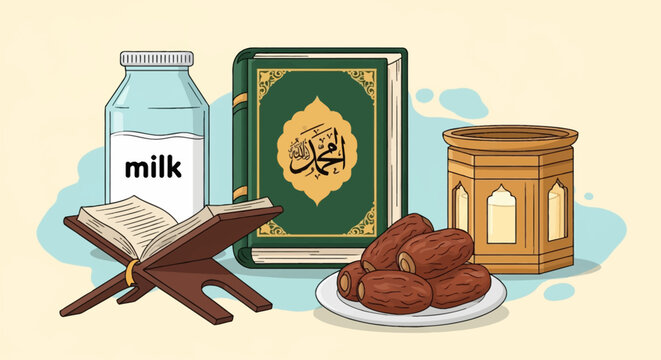 Vector illustration of a Ramadan Iftar arrangement featuring the holy Quran, an open book on a wooden rehal stand, a plate of dried dates, a bottle of milk, and a glowing wooden lantern.