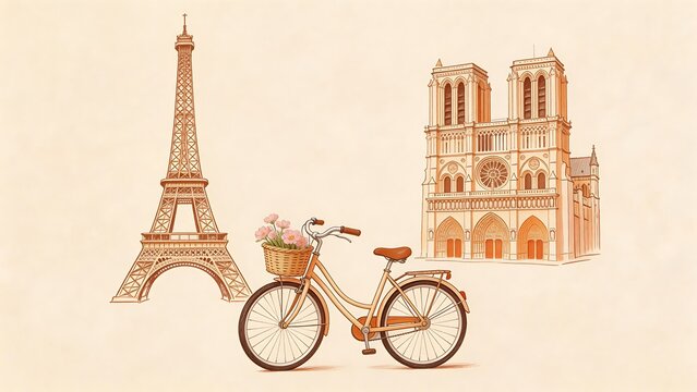 Bicycle with flowers near iconic Paris landmarks