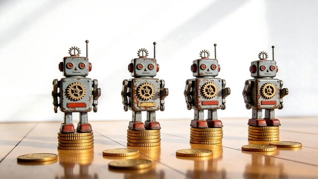 Four vintage robot figurines on coins