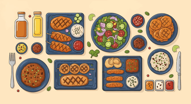 Flat lay vector illustration of an Iftar dinner spread featuring grilled chicken kababs, meat patties, fresh garden salad, rice, dips, and juice bottles in a cute chibi style.
