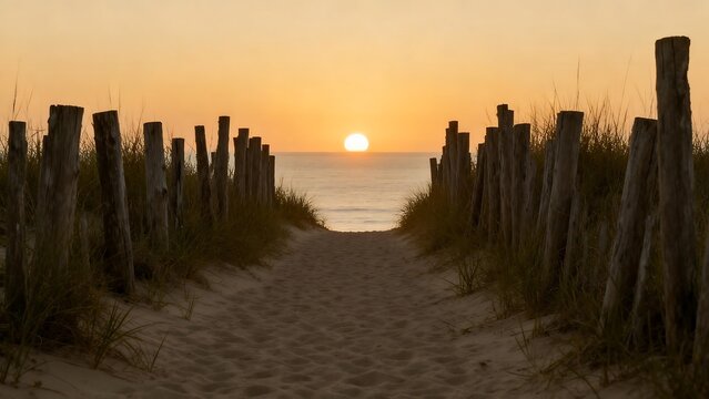 Beach path leading to sunset over ocean
