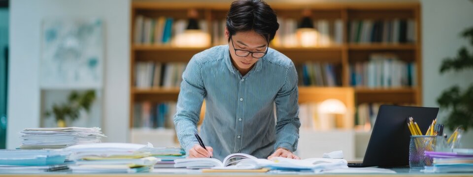 Teacher Preparing Lesson Materials at Desk with Laptop Surrounded by Papers and Books in Modern Classroom Environment