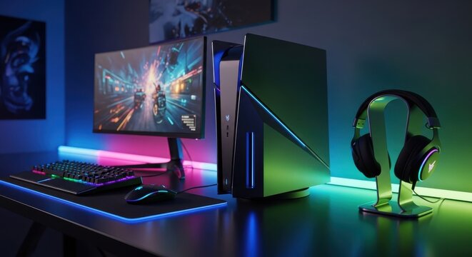 A sleek black and chrome gaming computer setup with vibrant RGB lighting and a monitor displaying a dynamic virtual world.