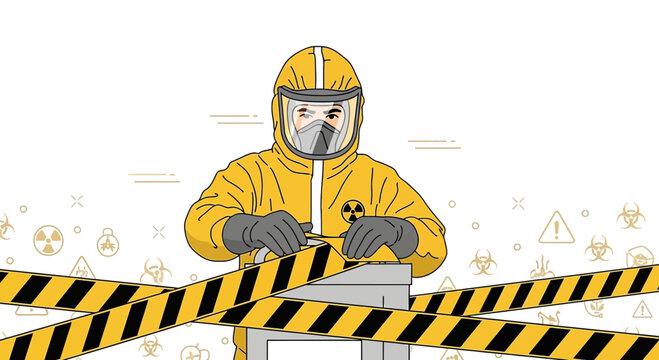Hazmat worker in protective suit cuts caution tape, biohazard symbols background