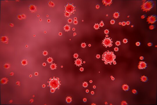 red 3d virus cells on red organic background, viral infection