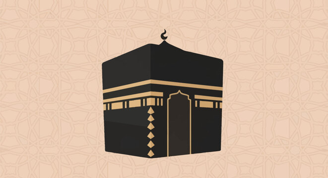 Detailed vector illustration of the Holy Kaaba in Mecca with gold accents and a crescent finial, set against a light peach background with a repeating Islamic geometric pattern.