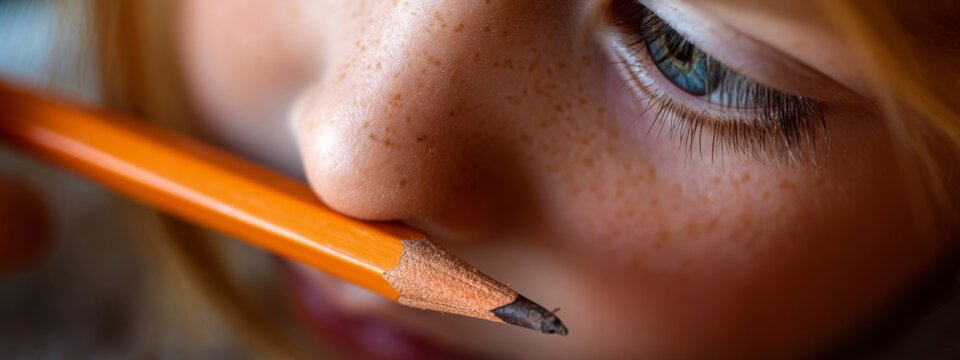 Detailed Close-Up of a Child Sharpening a Pencil with Focus on Eyes and Texture
