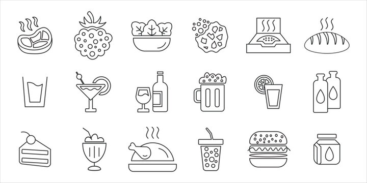 food and drink icon set bundle. lunch, food, drink, beverage, eat, fast, meal, dinner and more. simple flat line vector
