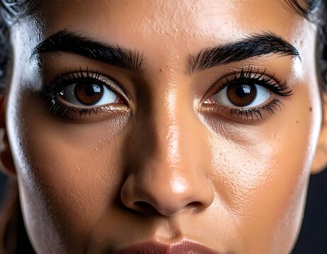 A woman's face with a subtle gaze and neutral expression