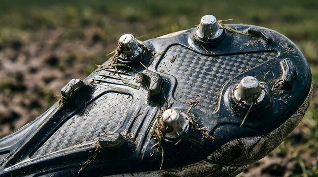 Close up view of muddy soccer cleat sole with metal studs on grass field.