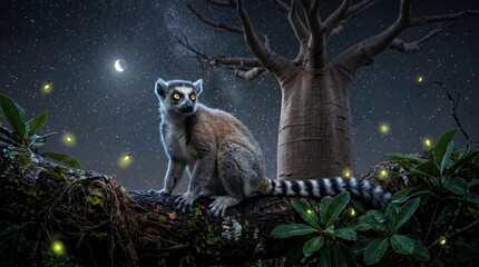 Fototapeta premium Lemur sitting on a tree branch in a mystical forest at night with fireflies