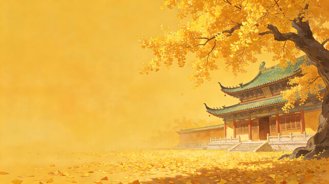 Autumn ginkgo tree with golden leaves beside traditional Chinese temple on golden background